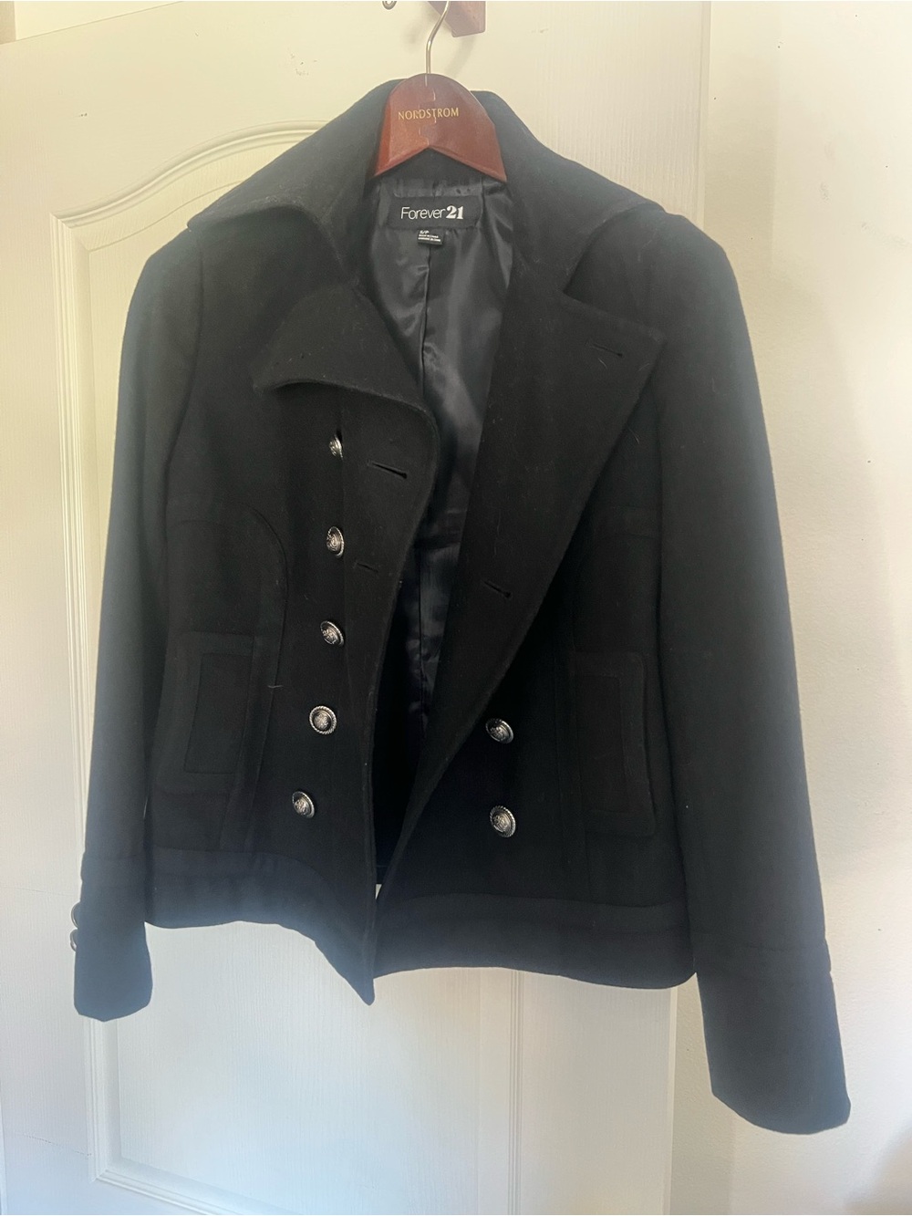 Forever 21 Black Double-Breasted Pea Coat with Silver Buttons